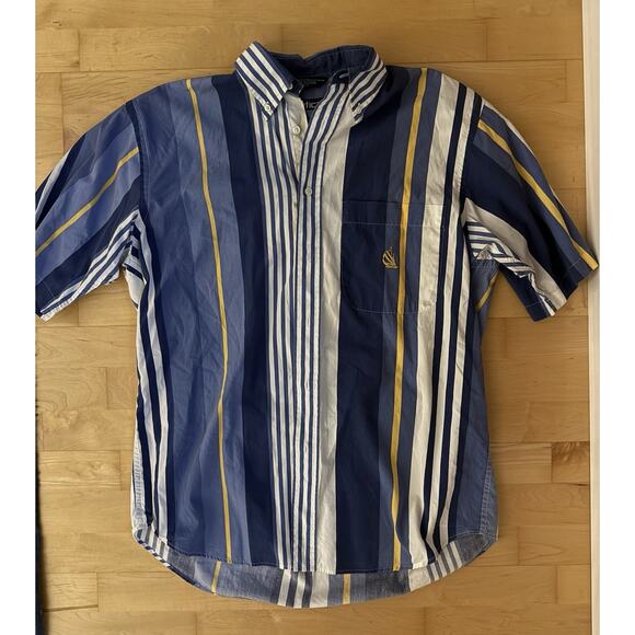 VTG Nautica Chaps Shirt Men's Blue Yellow Vertical Stripes Nautical Buttons M - Picture 1 of 4